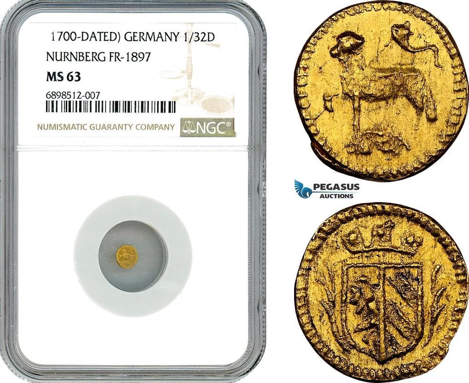 AJ472, Germany, Nürnberg City, "Lamb" 1/32 Ducat 1700, FR-1897, Gold, NGC MS63 - Image 1 of 1