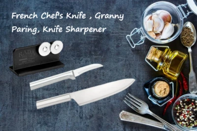 Conjunto de 3 peças de afiador de facas Rada, faca de chef francês, paring de vovó (alça de prata) - Imagem 1 de 4