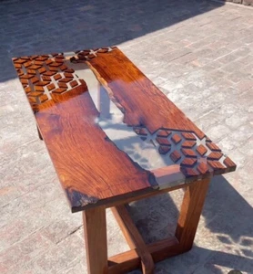 Custom Made Clear Epoxy Dining Table with Clear Resin River Coffee/Side Tabletop - Picture 1 of 13