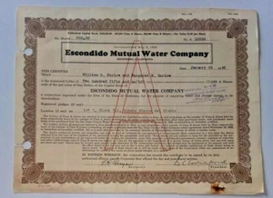Escondido Mutual Water Co. Stock signed by William R. Harlow, Margaret M. Harlow - Picture 1 of 2