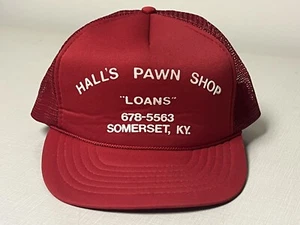 Vintage Advertising Halls Pawn Shop Trucker Hat Ball Cap Red Kentucky - Picture 1 of 5