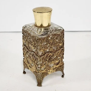 VTG. 50s MCM Gold Tone Filagree Ornante Over Glass Perfume Bottle - Picture 1 of 10