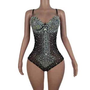 Women Rhinestone Sexy Jumpsuit Stretch Bodysuit Singer Dance Performance Costume - Imagen 1 de 14