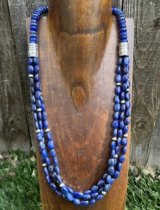 Collar de plata de ley de múltiples hilos de lapislázuli con cuentas de perlas. 26 pulgadas - Imagen 1 de 12