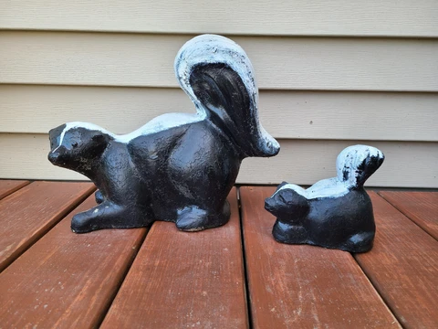2 Vintage Skunk Cement Concrete Garden Yard Statues Cover