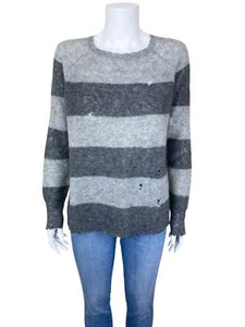 Autumn Cashmere Women's Distressed Cashmere Silk Stripe Sweater Grey Hthr Size M - Picture 1 of 7