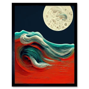 Full Moon on Red Ocean Waves Abstract Framed Wall Art Picture Print 9X7 In - Bild 1 von 21