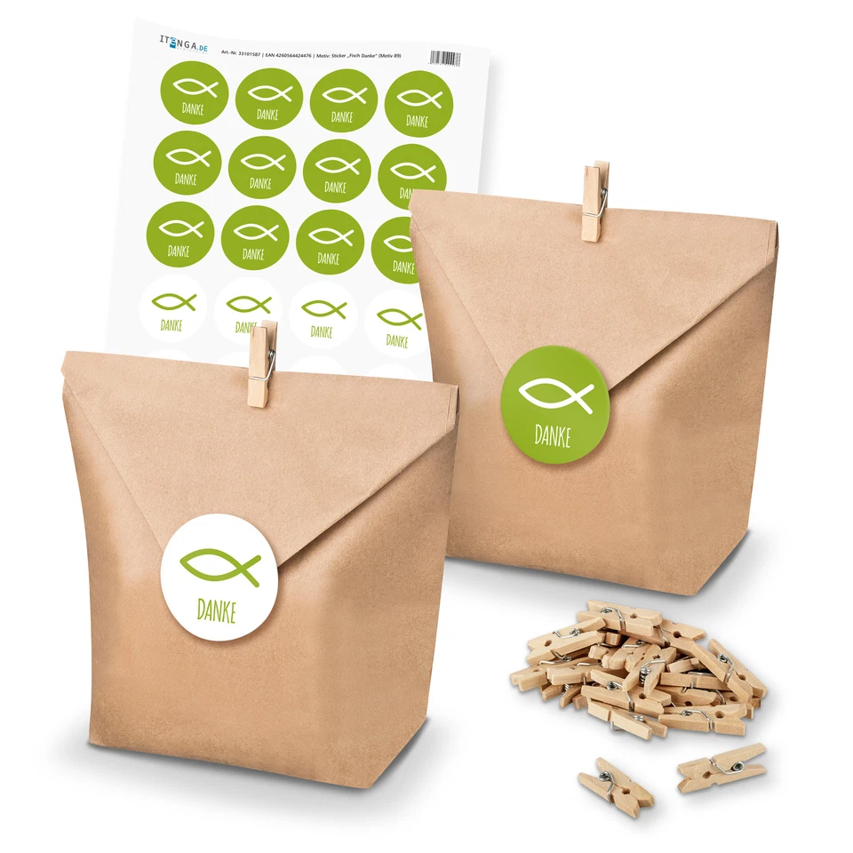 itenga SET Geschenktüten Fisch Grün Danke (Motiv 89) 24 x Tüten+Klammern+Sticker - Bild 1 von 2