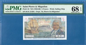 Saint Pierre & Miquelon, 5 Francs,ND(1950-60), Superb Gem UNC-PMG68EPQ, P-22  - Picture 1 of 2