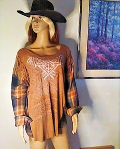 Western Upcycling Top Flanellärmel Fransen an den Schultern M-XL kastig Modetrend - Bild 1 von 10