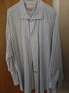 Pronto Uomo Men's Dress Shirt Sz 20 34/35 Non Iron Baby Blue Gold Navy Pinstripe - Picture 1 of 8