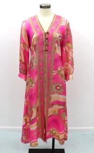 Vintage DELA-ANN Novelty Pink Glam Jewelry Print Lounge Kaftan Dress 1960's M - Picture 1 of 18
