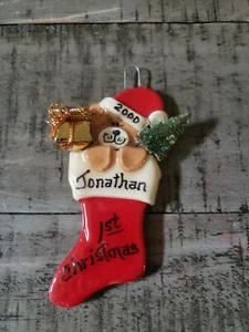 First Christmas Stocking With Bear Ornament With "Jonathan" - Picture 1 of 1