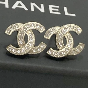 CHANEL CC Logos Rhinestone Stud Earrings Silver Tone F19V Auth w/Box #41349 - Picture 1 of 10