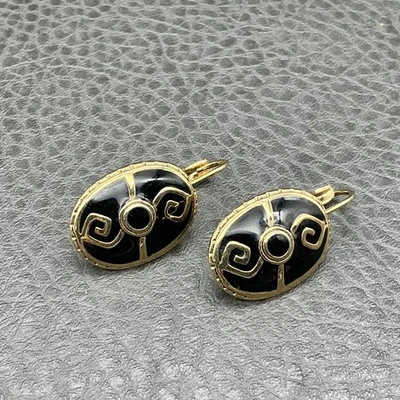 Berebi Earrings Black Enamel Gold Tone Oval Leverback Dangle Drop Scroll Women - Image 1 of 4