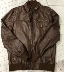Guess Leather Faux Bomber Jacket  Brown Size Medium M - Picture 1 of 8