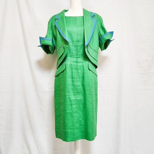 Set abiti giacca vintage lino Christian Dior taglia 11 verde blu dal Giappone