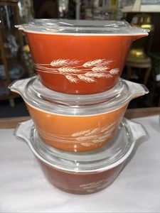Pyrex Autumn Harvest Weizen Auflaufform mit Deckel Orange 3er Set Vintage - Bild 1 von 6