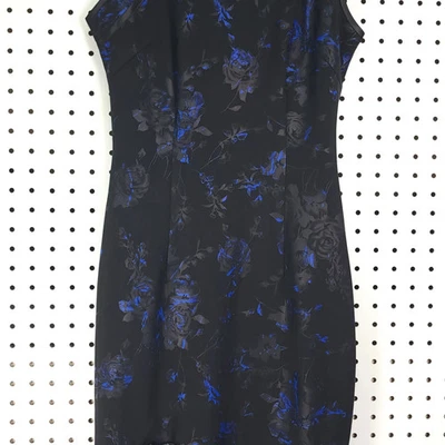 Black Blue Floral Sleeveless Cheongsam Qipao Dress Side Slit Mock Neck Medium - Image 1 of 4