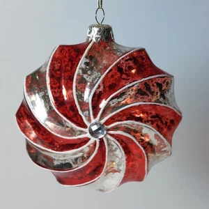 Vtg Santa's Best Red Silver Swirl Glass Ornament 4" Antiqued Mercury Peppermint - Picture 1 of 8
