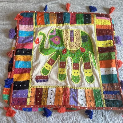 Vintage Large Boho Kantha Patchwork Elephant Pillow Cover Indian Colorful! - Image 1 of 4