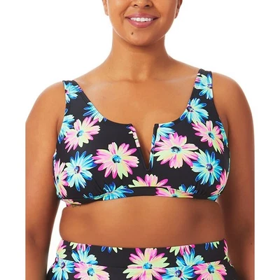 California Waves Plus Gerber Daisy Bikini Top Black Neon Size 2 (20/22) New V - Image 1 of 4