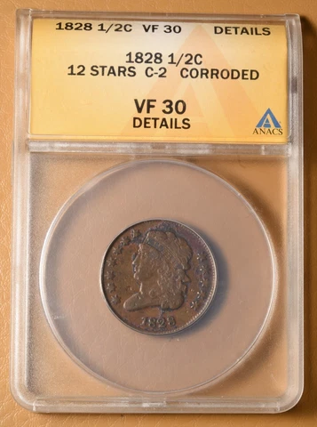 1828 Classic Head Half Cent ANACS VF 30 Details Cover