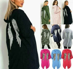 New Ladies Sequin Angel Wings Back Parker Hoodie Jacket Coat Cardigan - Picture 1 of 9