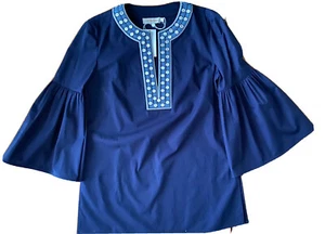 Tory Burch Damen Ariana Tunika Top Größe 2 Blau Neu mit Etikett Glockenärmel verziert Boho - Bild 1 von 8