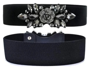 Ladies Rose Flower Rhinestone Inlaid Wide Stretchy Belt Tunic Girdle Waist - Picture 1 of 9