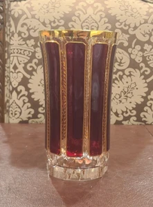 Moser Bohemian Gilt Glass Cranberry Cabochon Czech Gold Vase 7 7/8 Inch tall - Picture 1 of 7