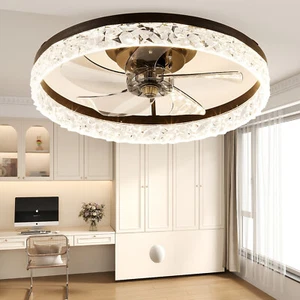 20'' Flush Mount Kit LED Low Profile Fan Light Crystal Design 6 Speeds Ceiling - Picture 1 of 10