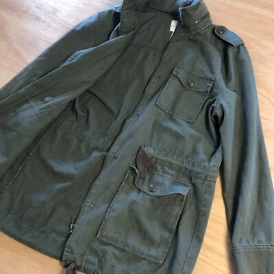 Womens Full Zip Canvas Utility Jacket XS Hideway Hood Pockets Drawstring Green - Image 1 of 4