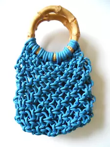 Paracord Woven Purse Bag Small with Bamboo Round Handles Aqua Boho Festival - Picture 1 of 9