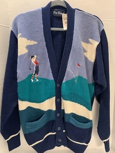 Vintage NOS Par Four Cardigan Sweater Size M Blue Golf Graphic All Over 90s tags - Picture 1 of 9