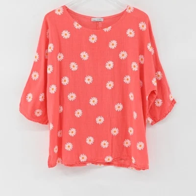 Top Hecho en Italia Para Mujer Talla XXL Lino Estampado Flor Margarita Tejido Calce Relajado Piel Foto 1 de 4