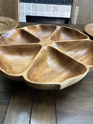 Vintage Solid Wood Six Pocket Lazy Susan Tray Hand Crafted In The Philippines - Image 1 of 4