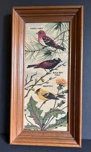 Vintage MCM Kay Dee Handabdrücke 100 % reines Leinen Vögel drei Finken Holz gerahmt Kunst - Bild 1 von 9