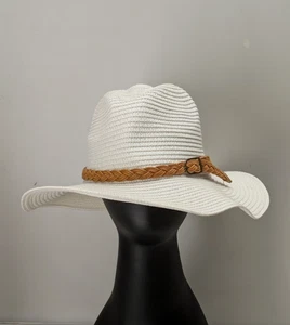 White Buckle-Accent Band Panama Hat Soft Straw Summer Women Wide Brim Sun Cap - Picture 1 of 8
