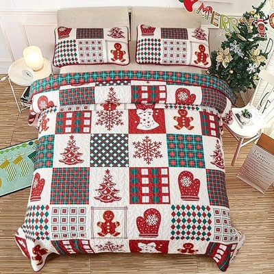 Queen Christmas Quilt Double Sided Bedding Set Soft Microfiber Patchwork Gift - Image 1 of 4