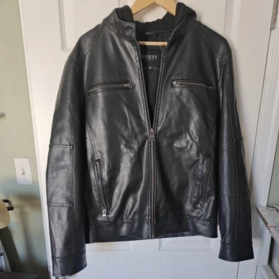 Guess Men’s Black Faux Leather Biker Jacket With Detachable Hood Sz M - Image 1 of 4