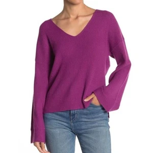 Free Press NEW Oversized Purple V-Neck Bell Sleeve Ribbed Sweater small  - Picture 1 of 3