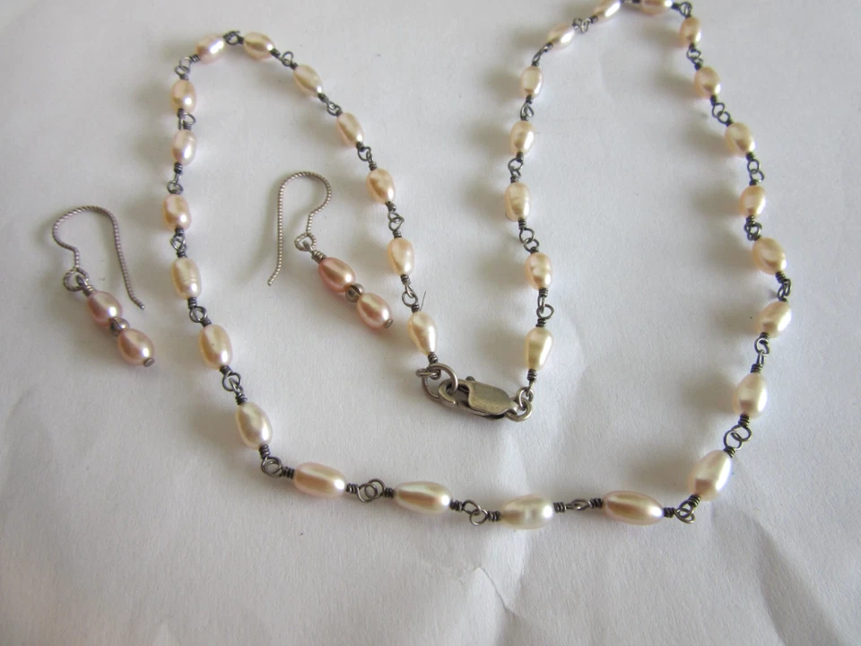 925 Juego de Pendientes Cadena Perla Arroz 17" Largo y Perforado Foto 1 de 4