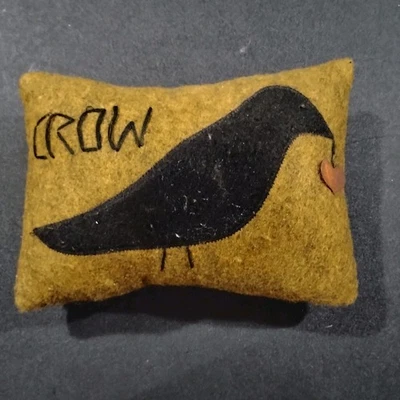 Primitive-Rustic-Folk Art Small Crow Pillow-Hand Stitched Wool-Felt  - Image 1 of 4