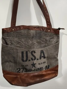 Mona B Coated Canvas Tote Bag Gray Purse Americana Style Distressed USA EUC - Picture 1 of 5