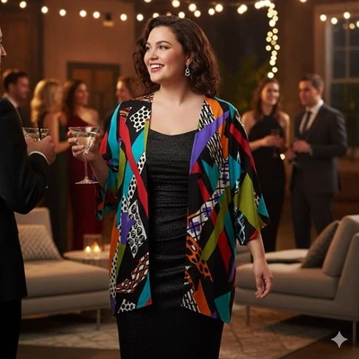 Bob Mack Wearable Art Open Front Abstract Semi-Sheer Carnival Cardigan 2X - Image 1 of 4