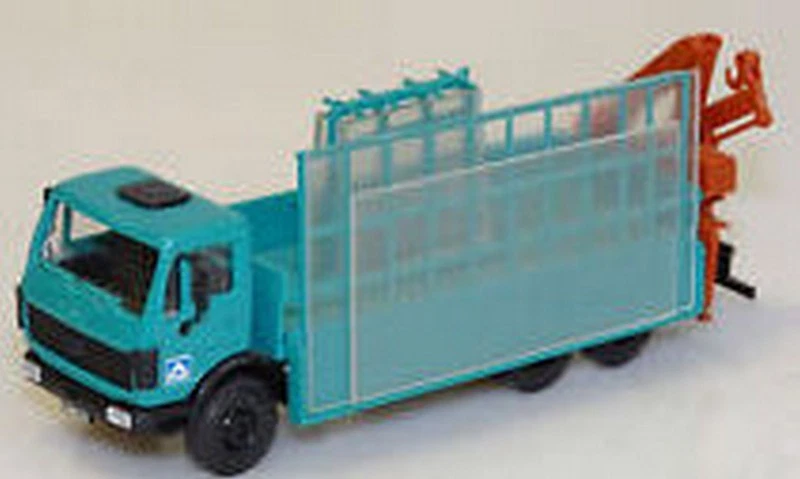 Kibri 10308 H0 - Camión de vidrio Mercedes Benz con grúa Meiller azul Foto 1 de 1