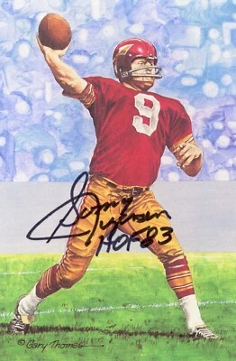 Tarjeta artística azul firmada por Sonny Jurgensen de los Washington Redskins Goal Line certificado de autenticidad JSA Foto 1 de 2