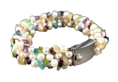 Pearl Bracelet Semi Precious Chips Cultured Pearls Sterling Silver 8 1/2 in. 61 - Image 1 of 4