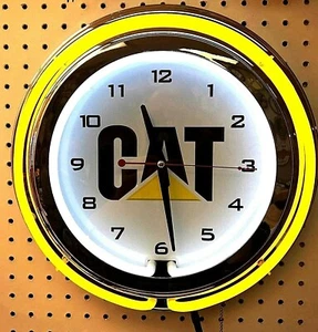 15" Caterpillar Cat Sign Yellow Double Neon Clock - Picture 1 of 2